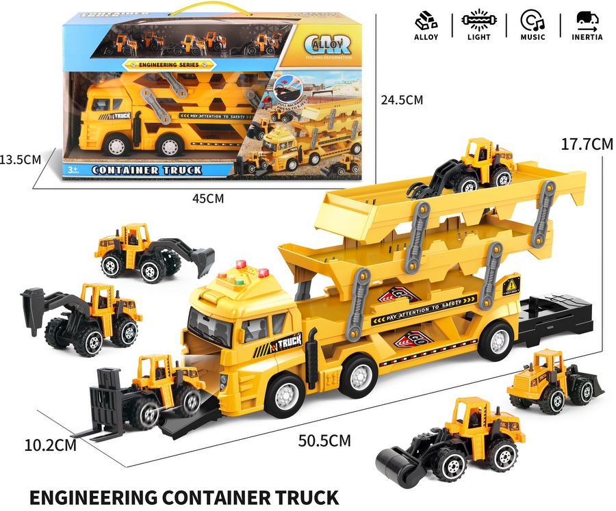 Камион Автовоз с 6 Метални Машини за Строителство със Светлина и Звук, Катапулт, 51×18×10 см Кутия 45×14×25 см